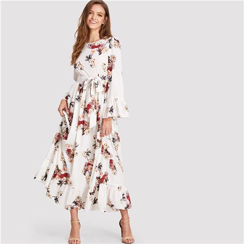 SHEIN Multicolor Vacation Boho Bohemian Beach Floral Print Round Neck Long Sleeve Ruffle Belted Summer Maxi Dress For Women