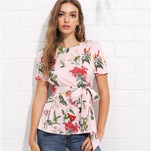 SHEIN Multicolor Vacation Bohemian Beach Floral Print Striped Round Neck Short Sleeve Self Tie Blouse Summer Women Shirt Top