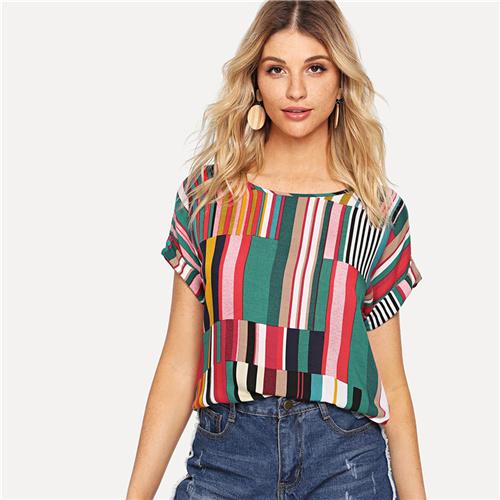 SHEIN Multicolor Mix Striped Print Rolled Up Tee Casual Scoop Neck Colorblock T-Shirt Women Summer Short Sleeve Tops
